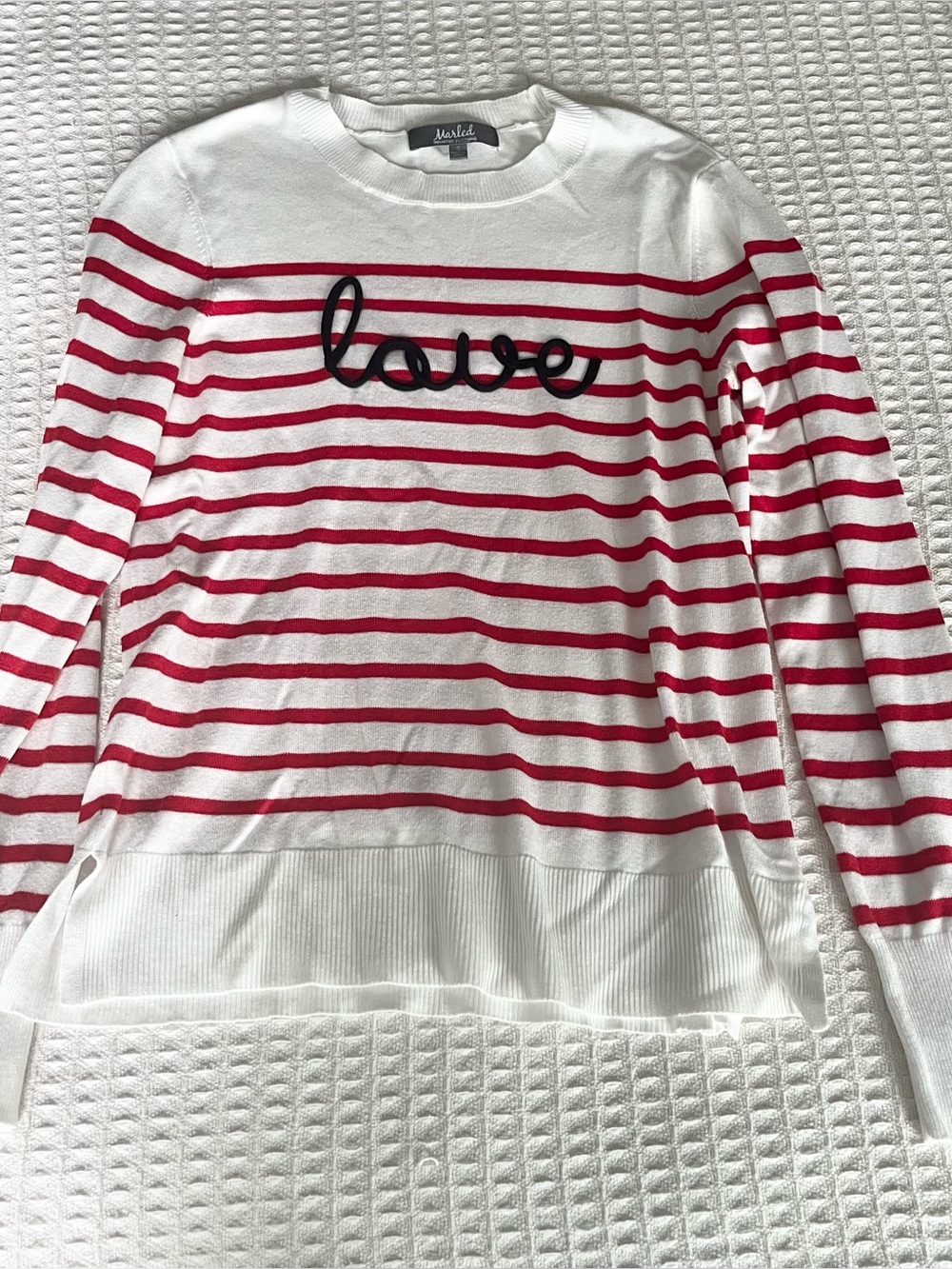 Marled White Crewneck Love Sweater with Red Stripes size Small